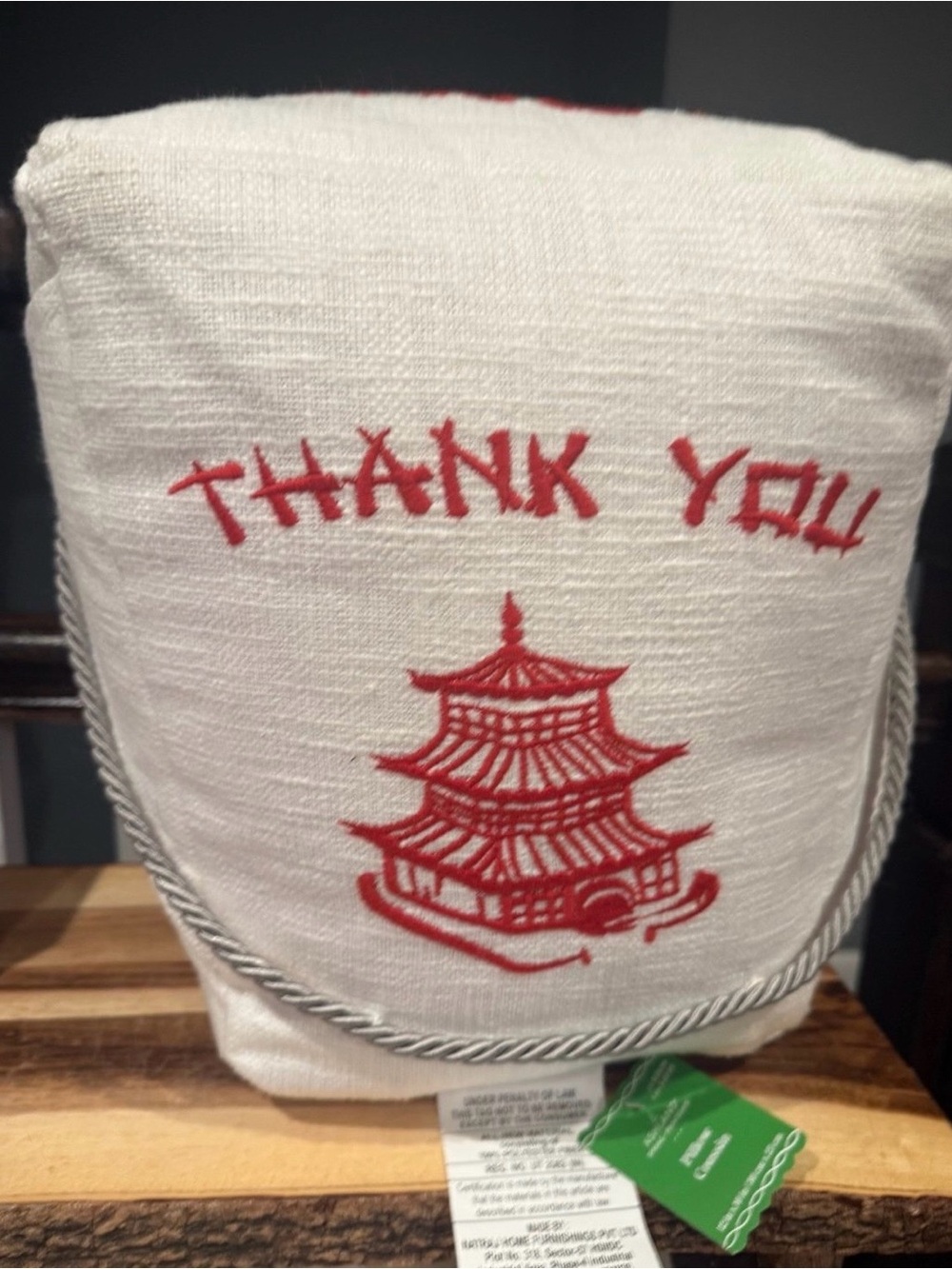 Embroidered 'Thank You' Chinese Takeout Box Accent pillow - White & Red